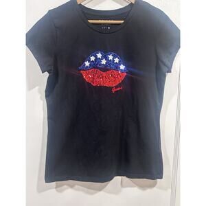 GUESS Los Angeles Women’s Short Sleeve T-Shirt X-LARGE Black/U.S. Flag Lips Y2K